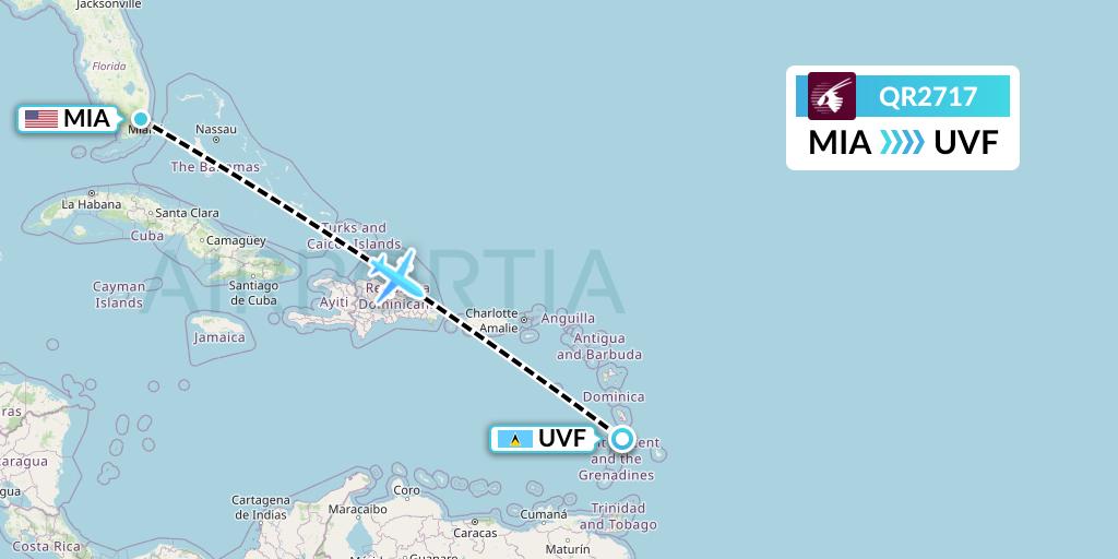 QR2717 Qatar Airways Flight Map: Miami to Vieux Fort