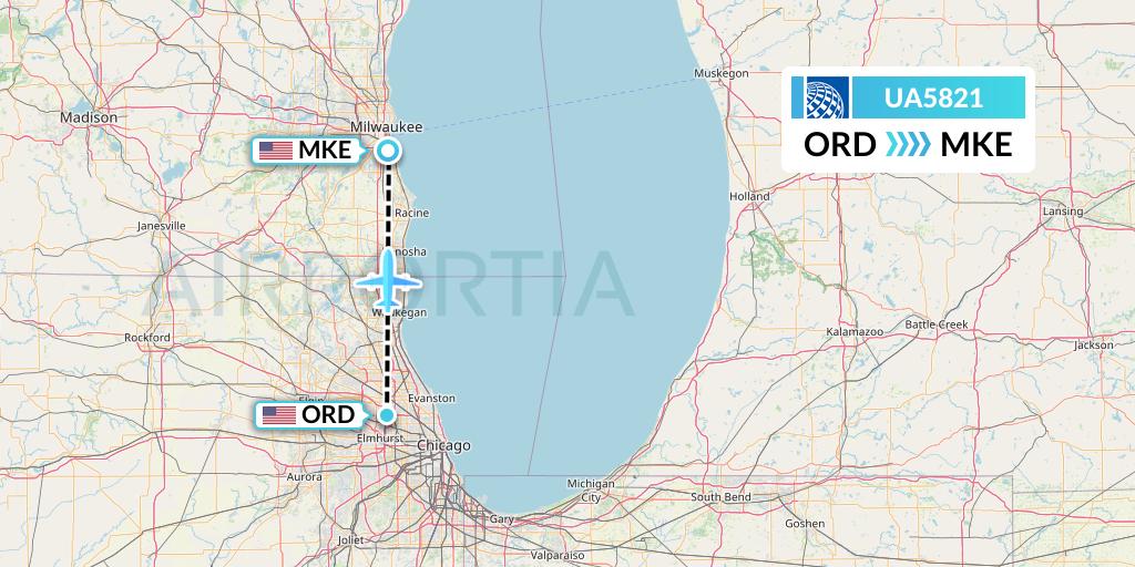 UA5821 United Airlines Flight Map: Chicago to Milwaukee