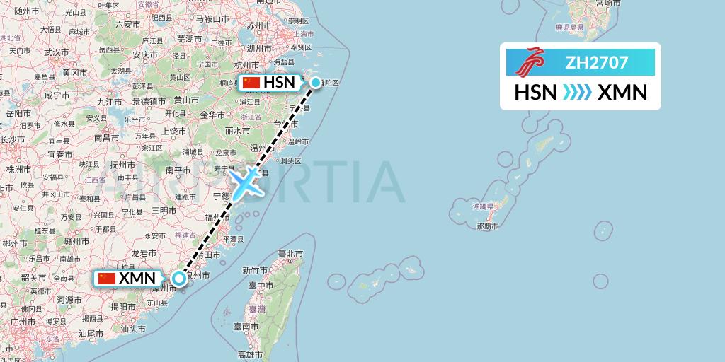 ZH2707 Shenzhen Airlines Flight Map: Zhoushan to Xiamen