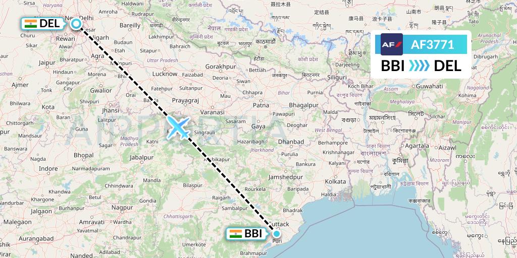 AF3771 Air France Flight Map: Bhubaneswar to Delhi