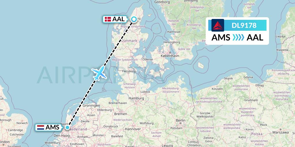 DL9178 Delta Air Lines Flight Map: Amsterdam to Aalborg