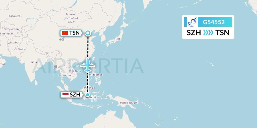 G54552 China Express Airlines Flight Map: Senipah-Borneo Island to Tianjin