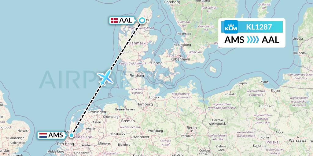 KL1287 KLM Flight Map: Amsterdam to Aalborg