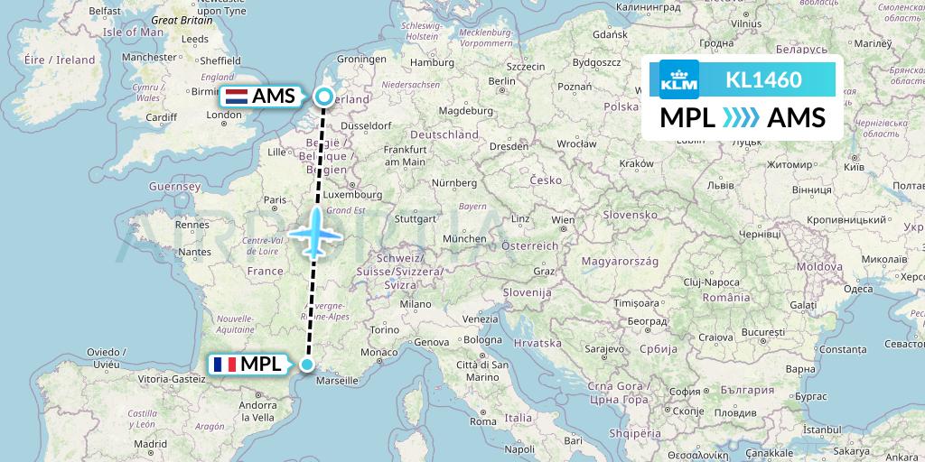 KL1460 KLM Flight Map: Montpellier to Amsterdam