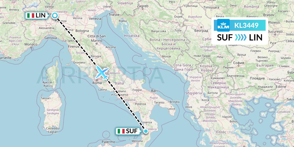 KL3449 KLM Flight Map: Lamezia Terme to Milan