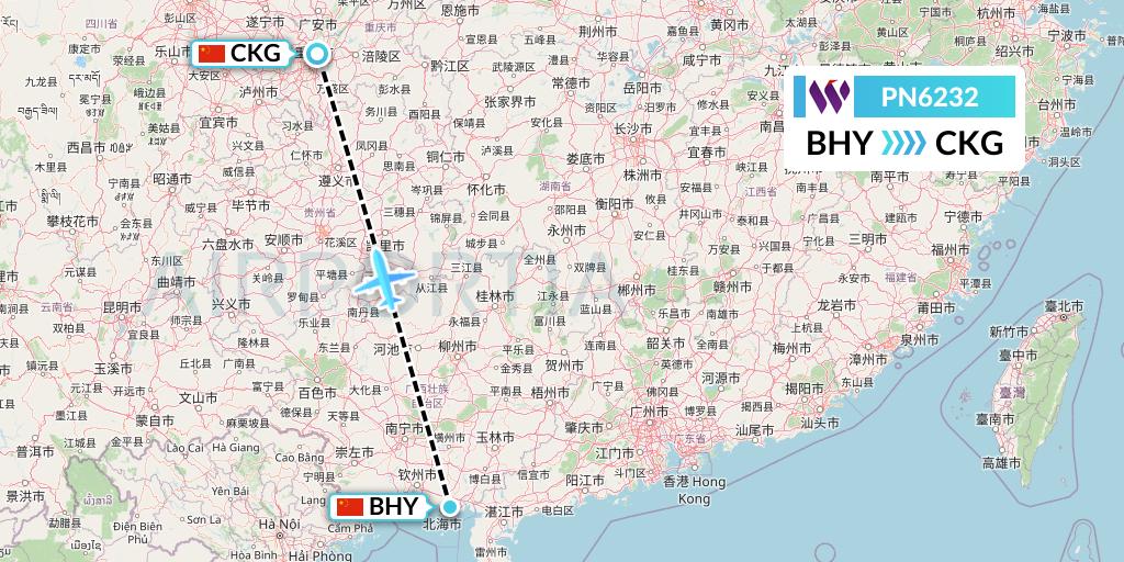 PN6232 China West Air Flight Map: Beihai to Chongqing