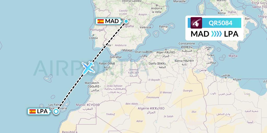 QR5084 Qatar Airways Flight Map: Madrid to Las Palmas