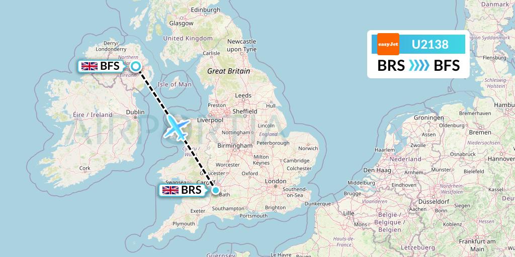 U2138 EasyJet Flight Map: Bristol to Belfast