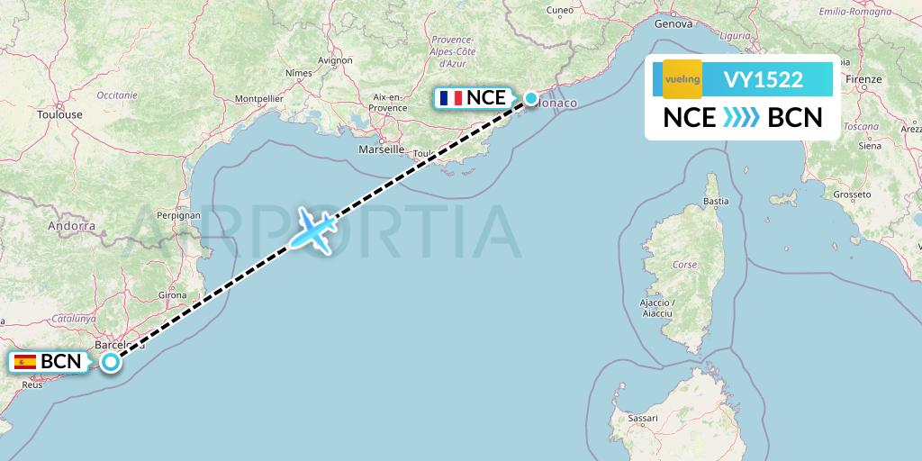VY1522 Vueling Flight Map: Nice to Barcelona
