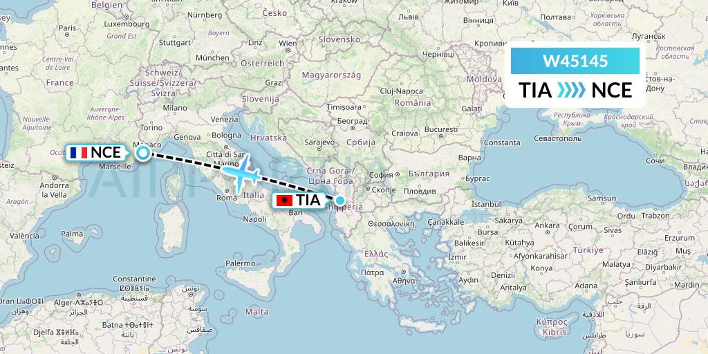 W45145 Wizz Air Malta Flight Map: Tirana to Nice