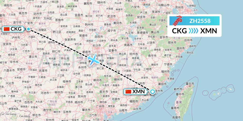 ZH2558 Shenzhen Airlines Flight Map: Chongqing to Xiamen
