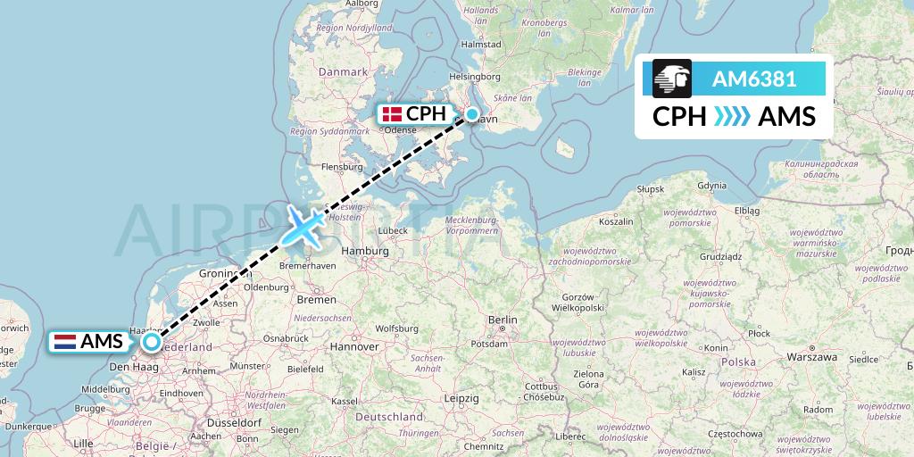AM6381 Aeromexico Flight Map: Copenhagen to Amsterdam