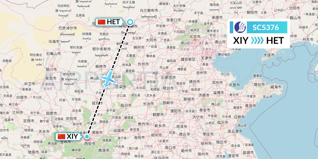 SC5376 Shandong Airlines Flight Map: Xi'an to Hohhot
