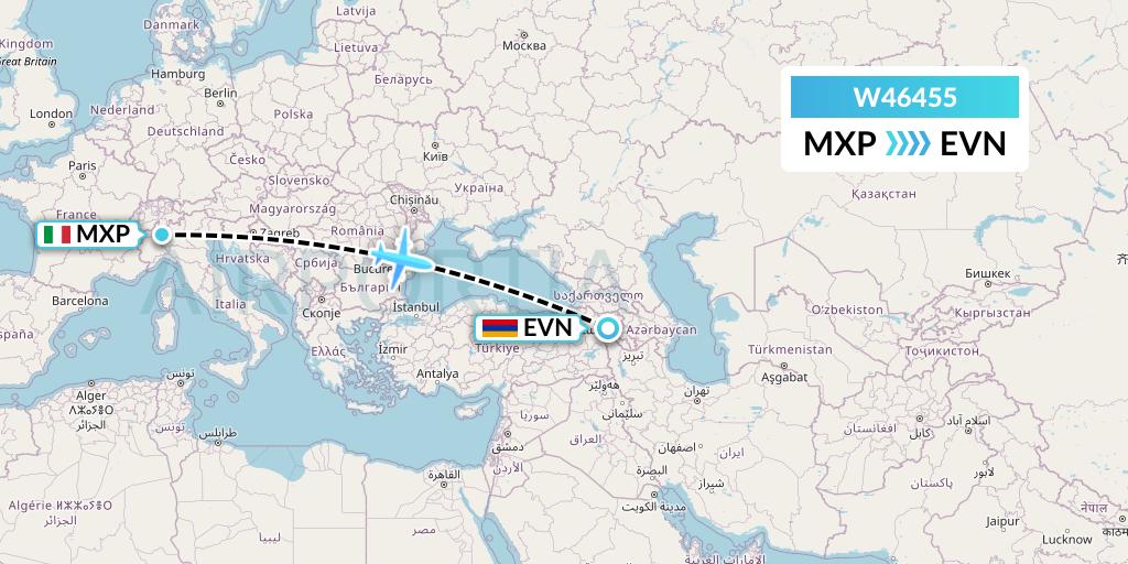 W46455 Wizz Air Malta Flight Map: Milan to Yerevan