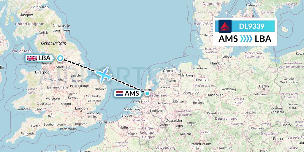 DL9339 Delta Air Lines Flight Map: Amsterdam to Leeds