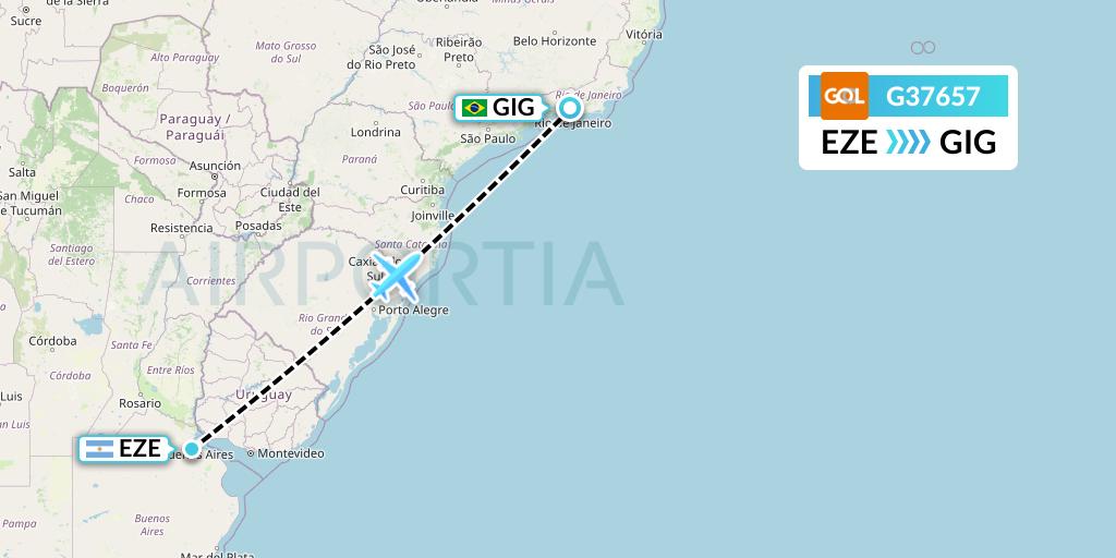 G37657 GOL Transportes Aeros Flight Map: Buenos Aires to Rio de Janeiro