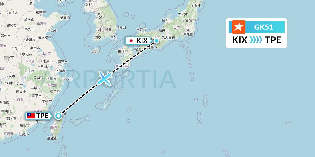 GK51 JetStar Japan Flight Map: Osaka to Taipei