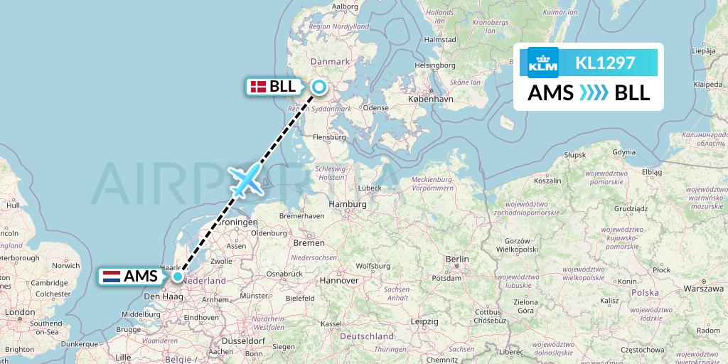 KL1297 KLM Flight Map: Amsterdam to Billund