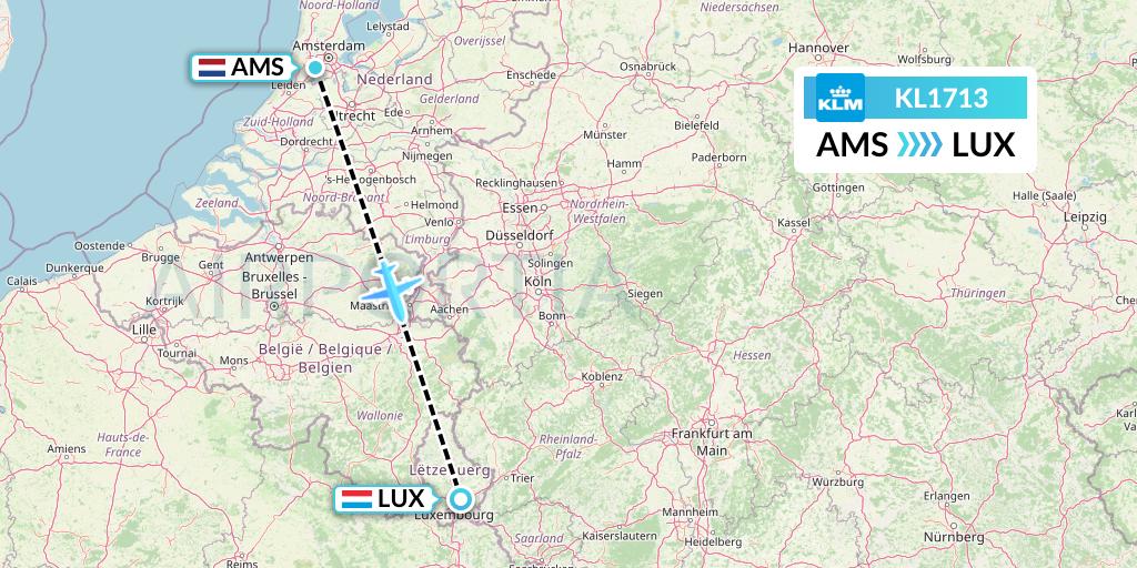 KL1713 KLM Flight Map: Amsterdam to Luxembourg
