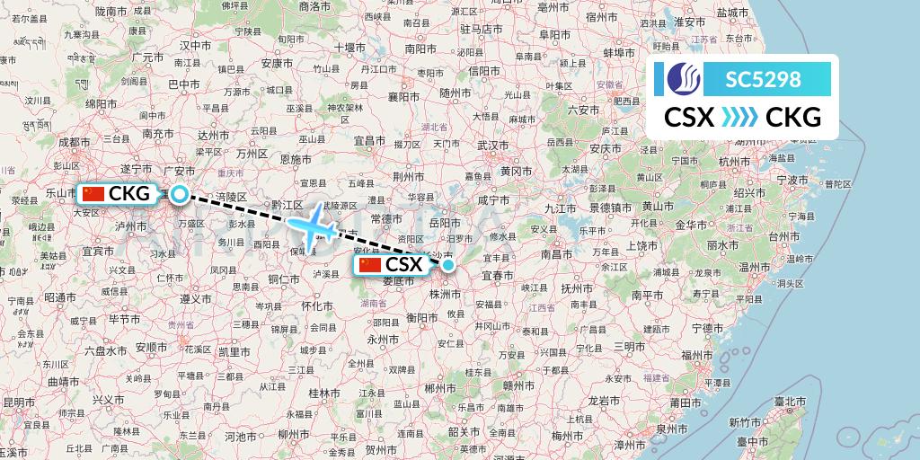 SC5298 Shandong Airlines Flight Map: Changsha to Chongqing