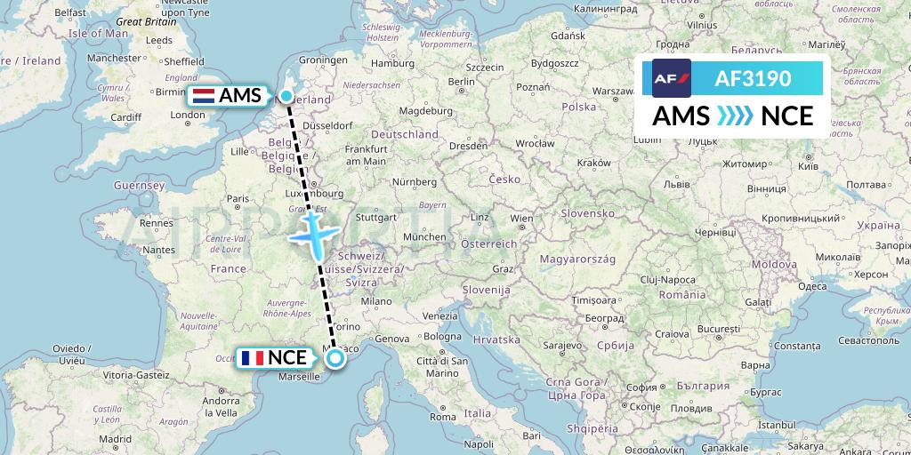 AF3190 Air France Flight Map: Amsterdam to Nice