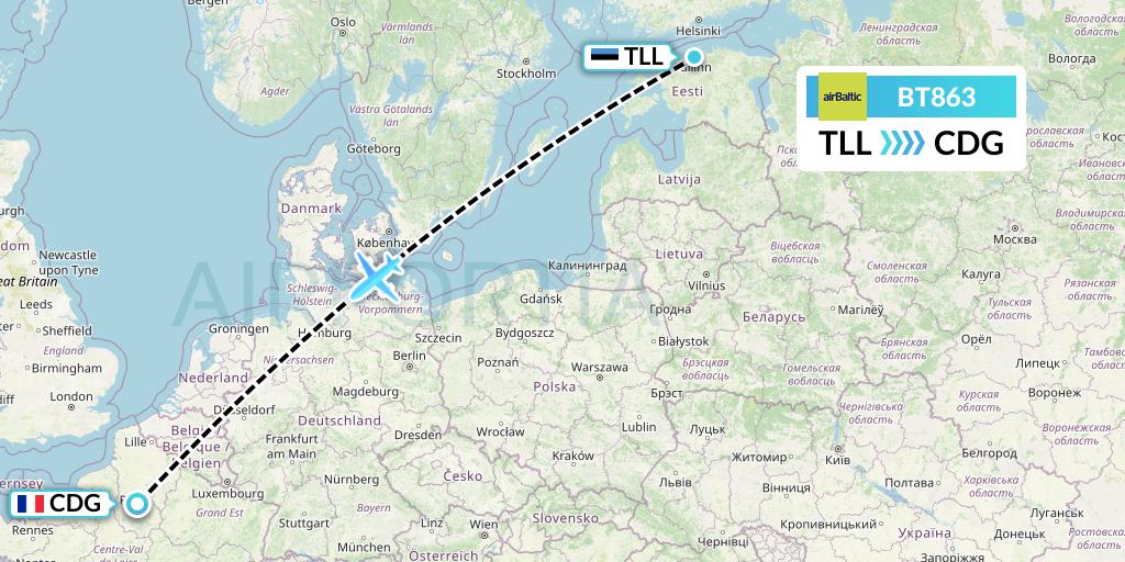 BT863 Air Baltic Flight Map: Tallinn to Paris