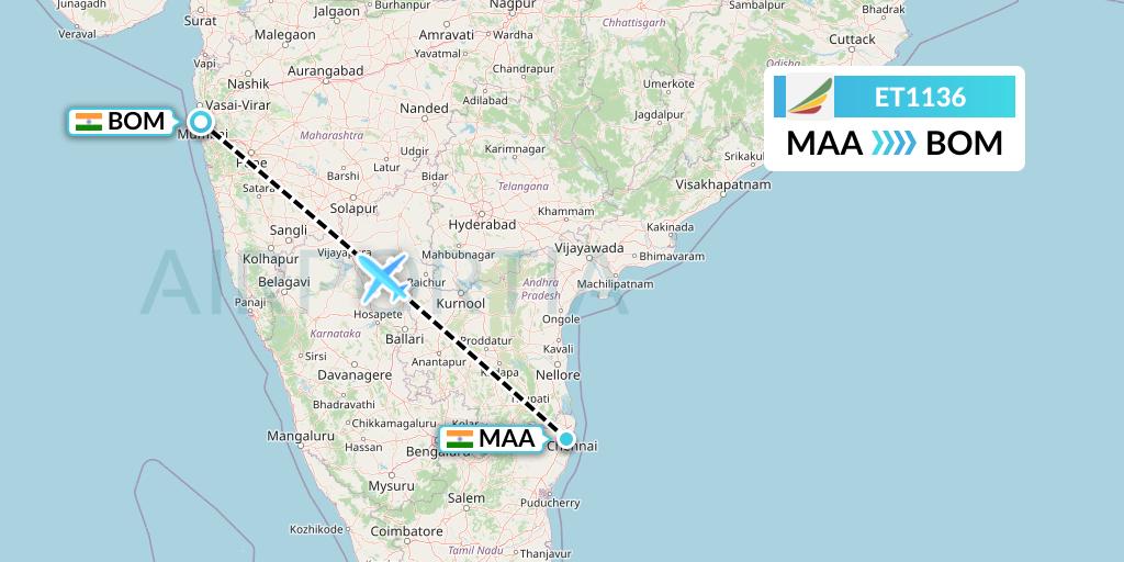 ET1136 Ethiopian Airlines Flight Map: Chennai to Mumbai
