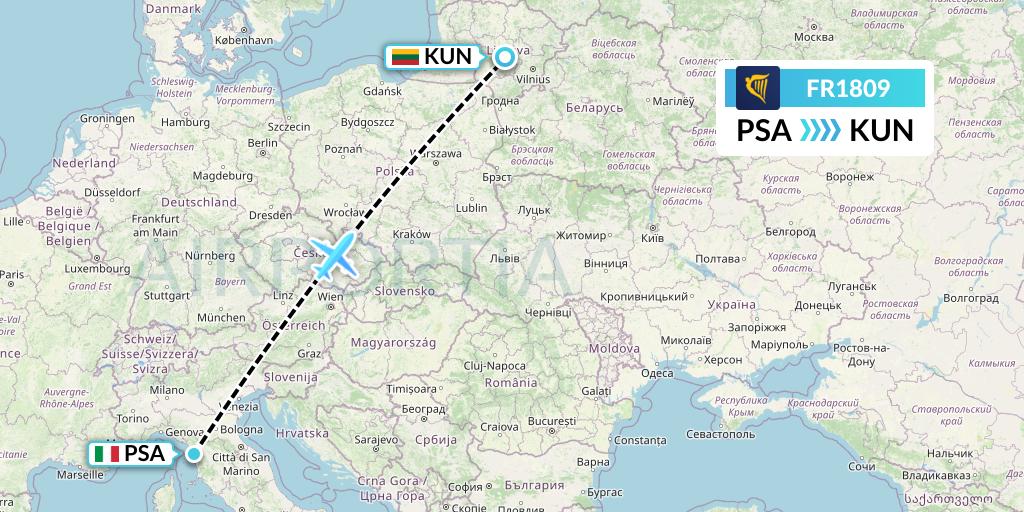 FR1809 Ryanair Flight Map: Pisa to Kaunas