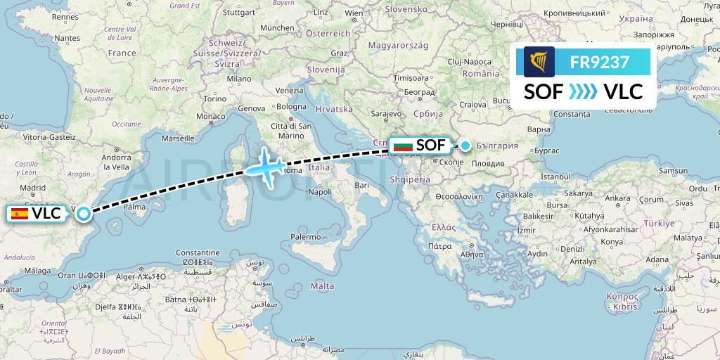 FR9237 Ryanair Flight Map: Sofia to Valencia