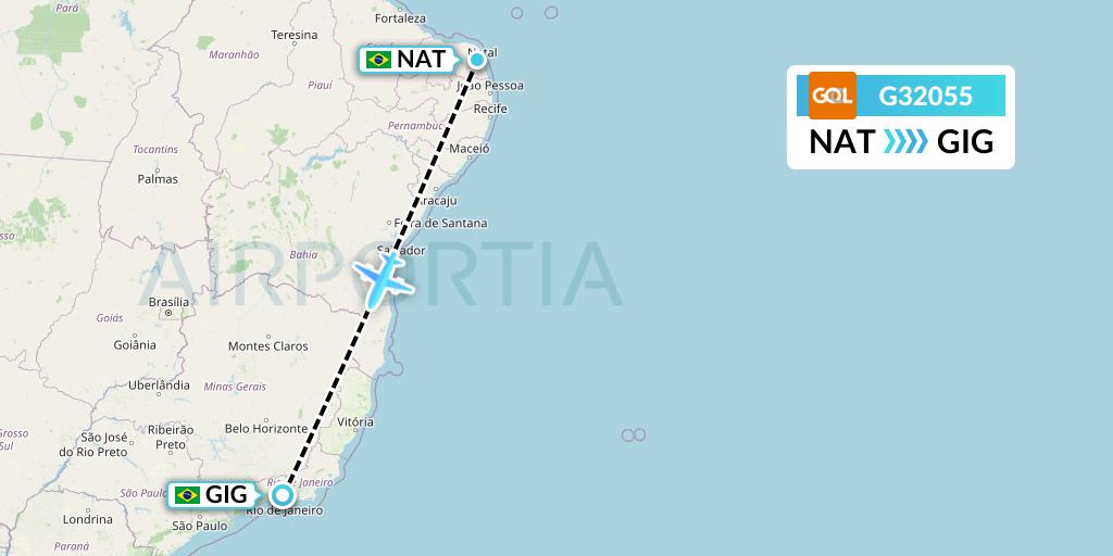 G32055 GOL Transportes Aeros Flight Map: Natal to Rio de Janeiro