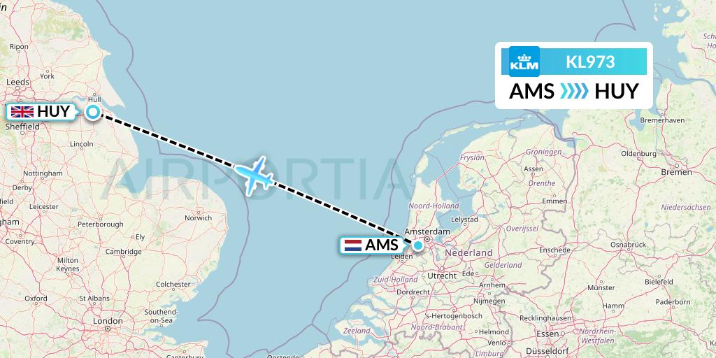 KL973 KLM Flight Map: Amsterdam to Humberside