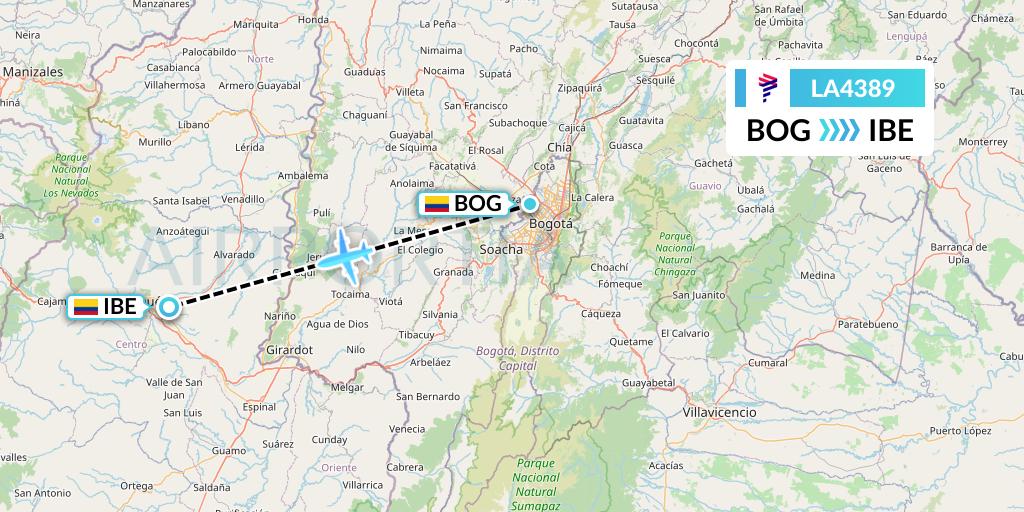 LA4389 LAN Airlines Flight Map: Bogota to Ibague