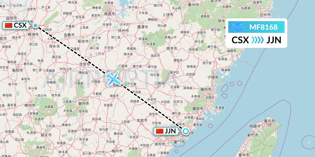 MF8168 Xiamen Airlines Flight Map: Changsha to Jinjiang