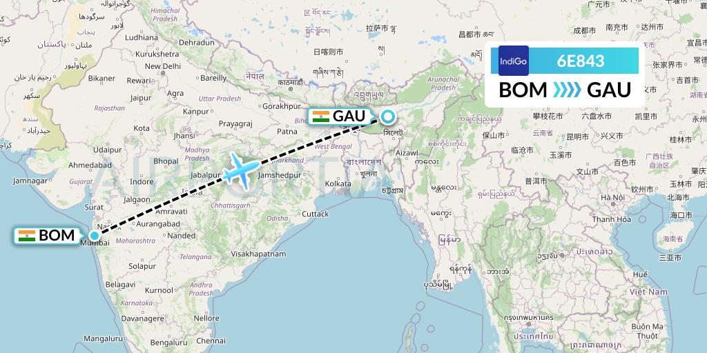 6E843 IndiGo Airlines Flight Map: Mumbai to Guwahati