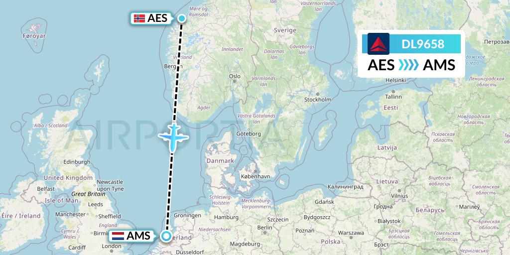 DL9658 Delta Air Lines Flight Map: Alesund to Amsterdam