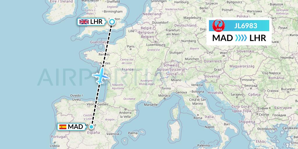 JL6983 Japan Airlines Flight Map: Madrid to London