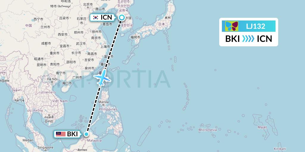 LJ132 Jin Air Flight Map: Kota Kinabalu to Seoul