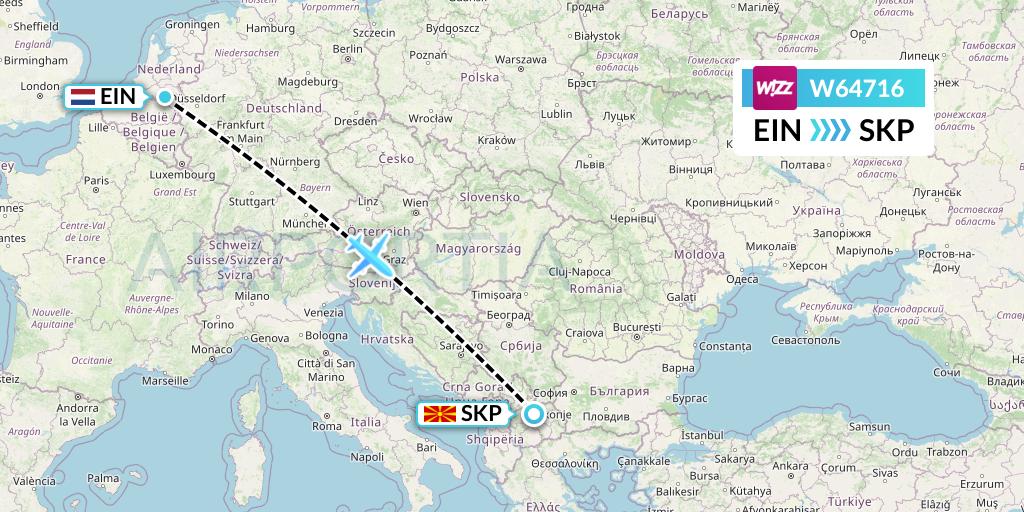 W64716 Wizz Air Flight Map: Eindhoven to Skopje