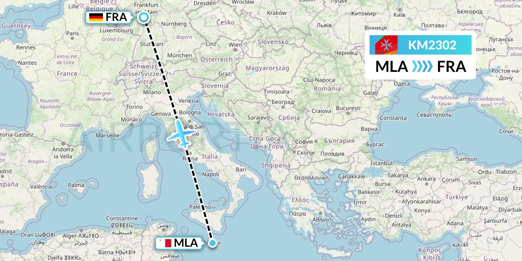 KM2302 Air Malta Flight Map: Malta to Frankfurt