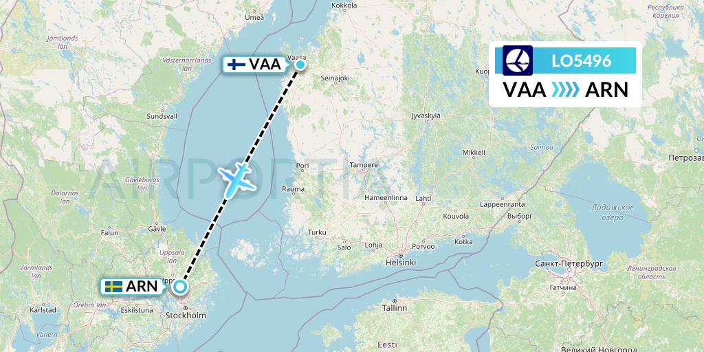 LO5496 LOT Flight Map: Vaasa to Stockholm