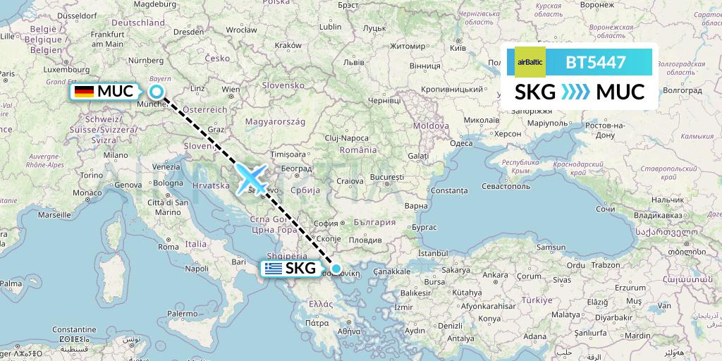 BT5447 Air Baltic Flight Map: Thessaloniki to Munich
