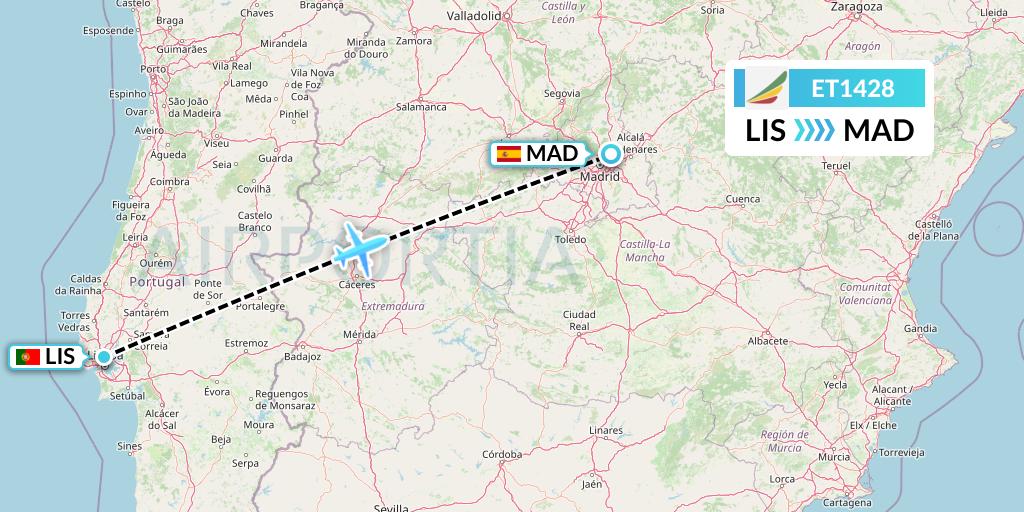 ET1428 Ethiopian Airlines Flight Map: Lisbon to Madrid