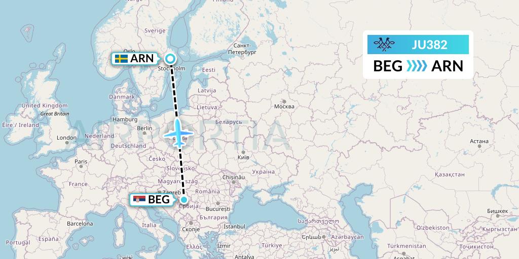 JU382 AirSERBIA Flight Map: Belgrade to Stockholm