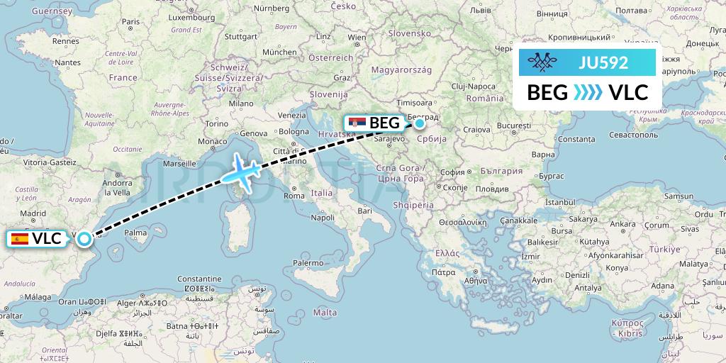 JU592 AirSERBIA Flight Map: Belgrade to Valencia