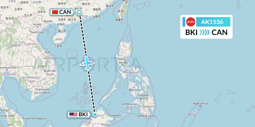AK1536 AirAsia Flight Map: Kota Kinabalu to Guangzhou