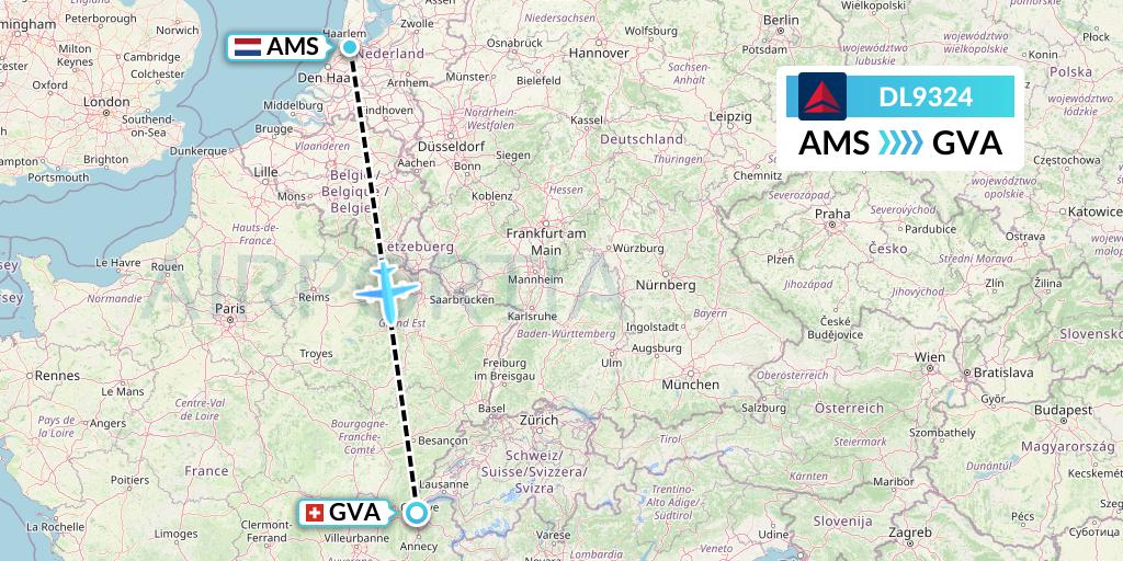 DL9324 Delta Air Lines Flight Map: Amsterdam to Geneva