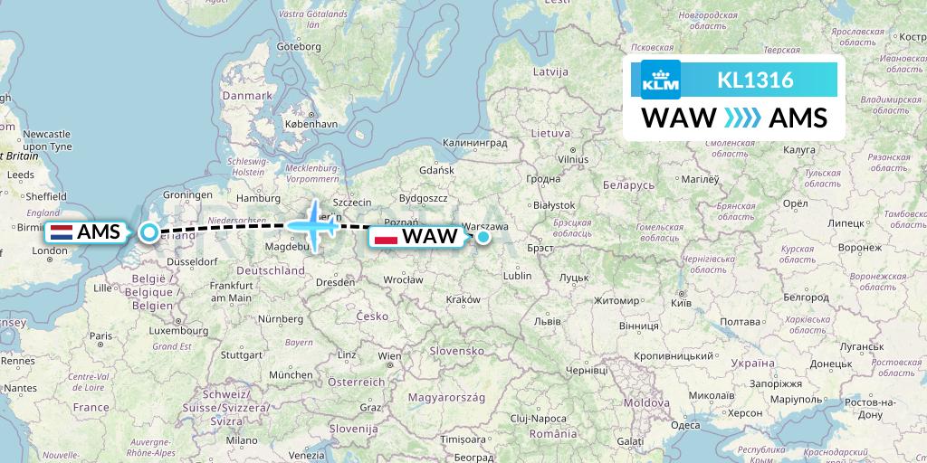 KL1316 KLM Flight Map: Warsaw to Amsterdam