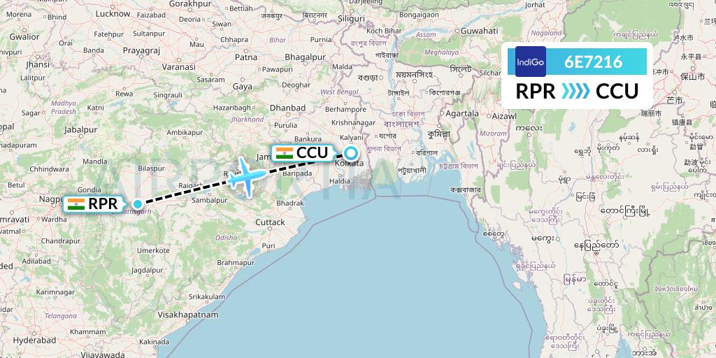 6E7216 IndiGo Airlines Flight Map: Raipur to Kolkata