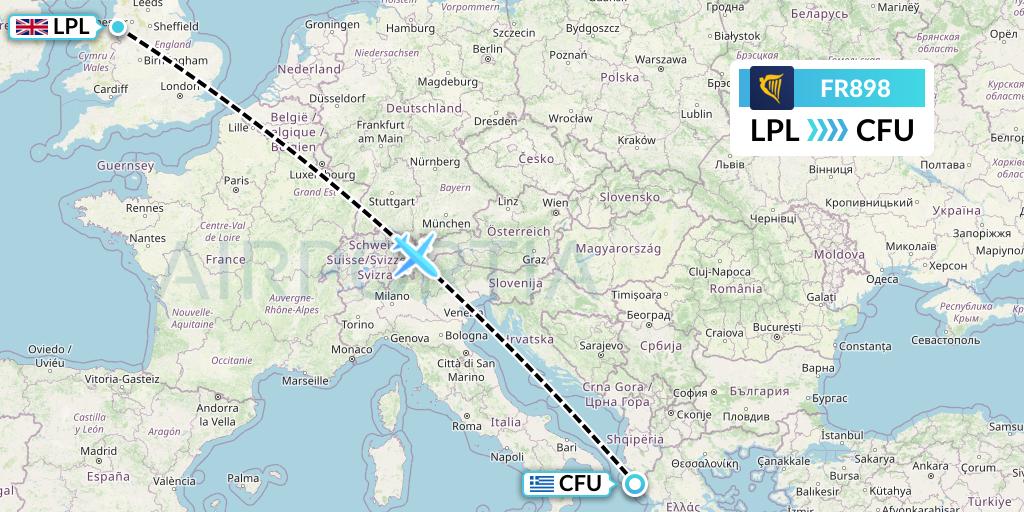 FR898 Ryanair Flight Map: Liverpool to Corfu