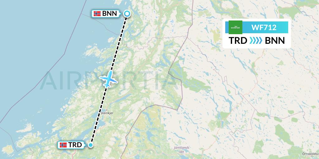 WF712 Wideroe Flight Map: Trondheim to Bronnoysund